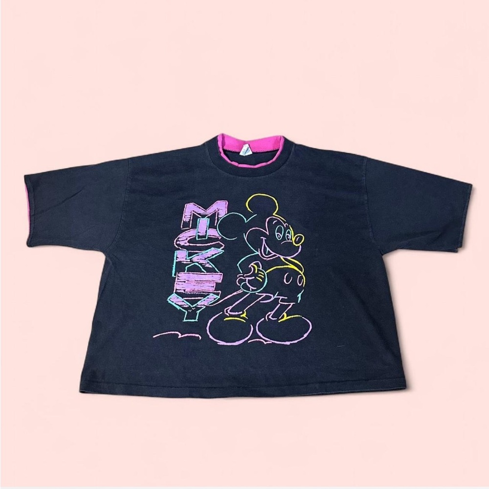 Vintage Disney Mickey Mouse Neon Graphic T-Shirt Black Pink Made in USA